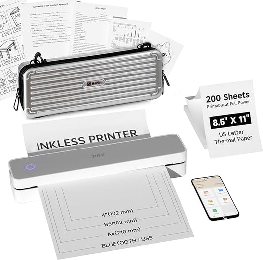 PRT Inkless Portable Printer for Travel, Wireless Thermal Printer for School/Office/Home Use, Supports 8.5 x 11 Inch Thermal Paper, Includes Carry Case and 200 Sheets Thermal Paper