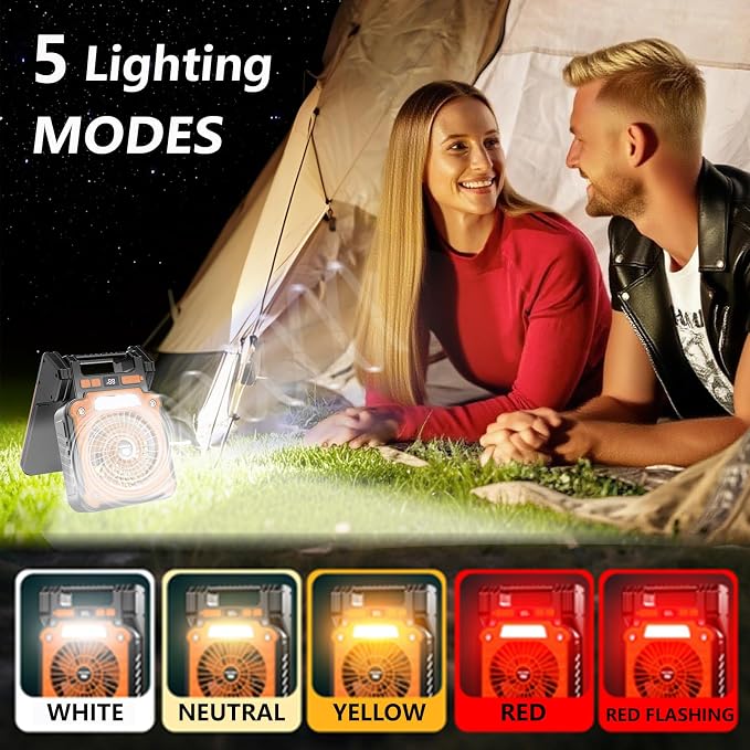 Solar Powered Rechargeable Fan with Light - 3 Speed Portable USB-C Hanger Camping Fan, Power Outage for Home and Kitchen Emergency, Outdoor Tent Fan for Picnic, BBQ and Travel