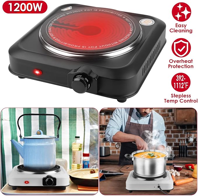 1200W Electric Infrared Single Burner Portable Heating Hot Plate Stove Countertop RV Hotplate with 7.5” Glass Cooktop Stepless Temperature Adjustments for Home RV Camp