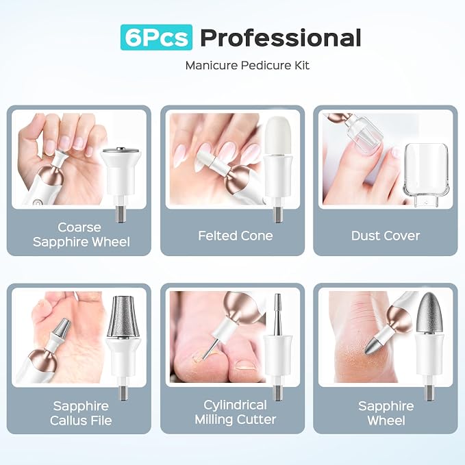 COSLUS C30 Professional Manicure Pedicure Kit, 5-in-1 Electric Nail File for Toenail Hand Feet - Standard Grinder for Basic Nails Care, Cordless, 5 Speed, for Men Women Seniors Home Salon, White