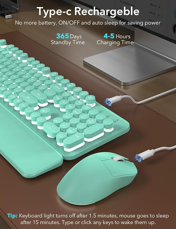 Wireless Keyboard and Mouse Backlit - Typewriter Keyboard with Magnetic Wrist Rest, Retro Round Keycaps, Light Up Letters, 2.4GHz Cordless Combo for Mac, Windows, PC, Laptop, Trueque