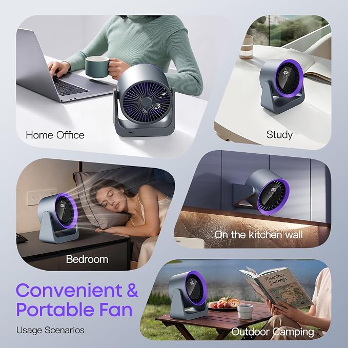 Tryetas 2026 Rechargeable USB Desk Fan, 30db Quiet Table Fan with Turbo Airflow, 100 Speeds, Digital Display, 120° Rotating, 5000mAh Desktop Fan for Bedroom Home Office Dorm Travel