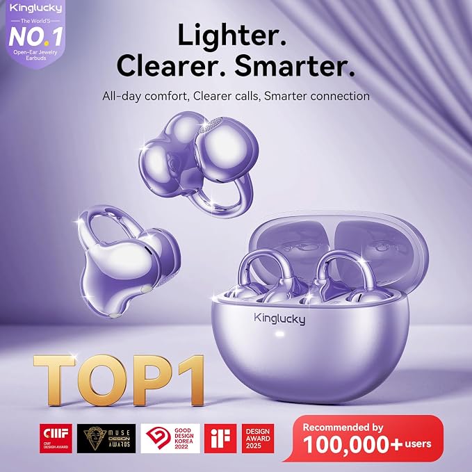 Kinglucky Upgraded Clip-On Earbuds Comfortable fit & Crystal-clear Sound, 40H Playtime Open Ear Buds Bluetooth 6.0 Wireless Headphones for Women Ideal for Small Ears, Sports & Workouts, Glasses Purple