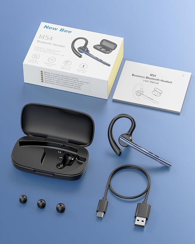 New Bee Bluetooth Headset V5.1 72H Talk Time Dual Mic with Mute Button for Business, Wireless Hand-Free Bluetooth Earpiece with 500mAh Charging Case for Cell Phone Calls Trucker Driver Laptop