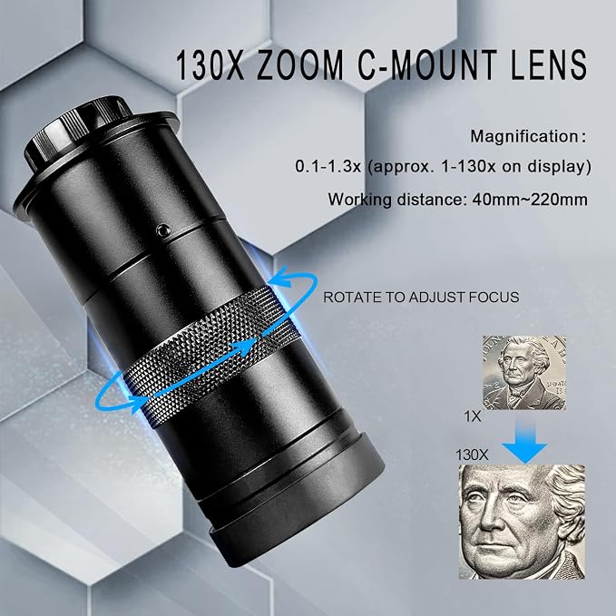NICE-POWER Digital Microscope with Metal Base, 13MP 1080P HDMI VGA Industrial Microscope Magnifier, 130X Zoom C-Mount HD Lens, LED Ring Light, Soldering Electronic Repair Bench Microscopes