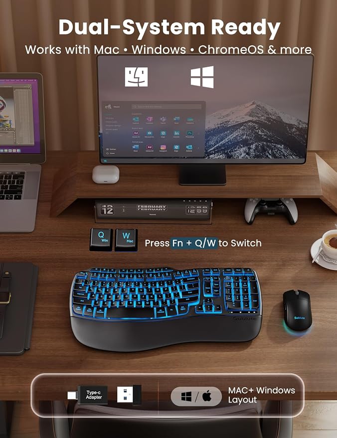SABLUTE Ergonomic Wireless Keyboard and Mouse Combo, Rechargeable 4000mAh Backlit Keyboard with Soft Faux Lambskin Palm Rest, Wave Keys for Natural Typing, Compatible with Windows/Mac/Chrome OS