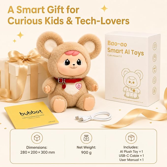 11.8" H AI Companion for Kids 3+, Smart AI-Powered Plush Interactive Toy | No-Screen Communicatible Stuffed Animal with ChatGPT, Rechargeable Doll with Multi-Languages Storytelling&Learning Assistant