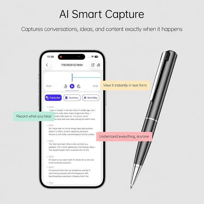 Note AI Voice Recorder Pen, AI Voice Recorder Pen with Summary & Mind Map, AI Note Taking Device with 150 Languages Transcription, Smart Meeting Recorder for Lectures, Interviews, Calls