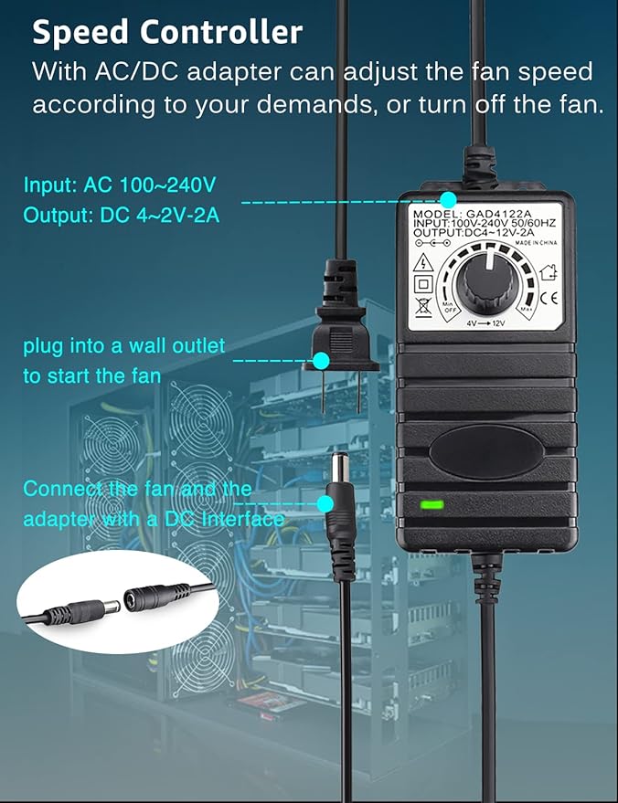 GDSTIME Big Airflow 4X 120mm Fans with 100V-240V AC Powered Speed Controller for DIY GPU Mining Rig Server Racks AV Cabinets TVs Routers Cooling Ventilation