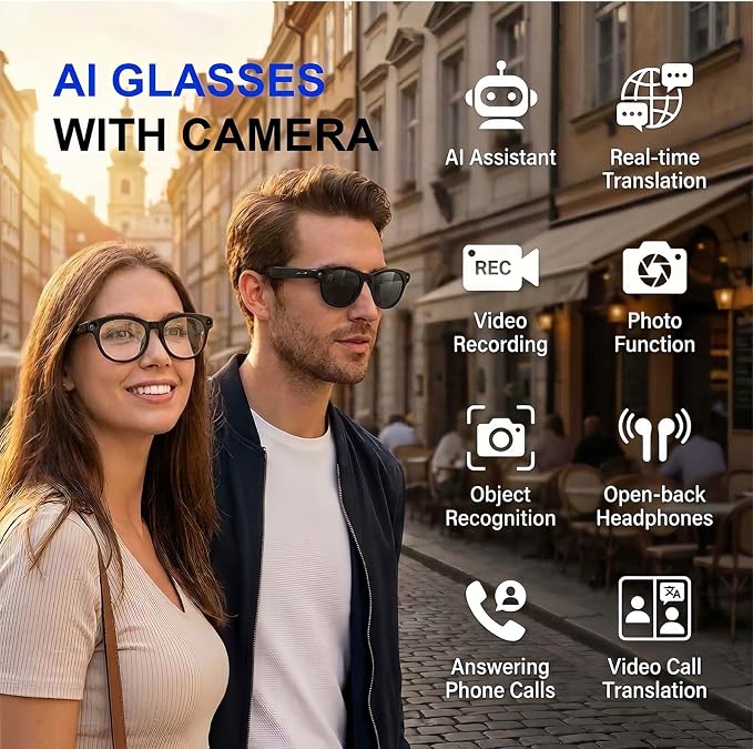 AI Smart Glasses with Camera, 8MP HD Video, Real-Time Translation | Photo Capture,Object Recognition,300 mAh Battery,80min Video Time,Open-Ear Music, Bluetooth Calls, AI Assistant
