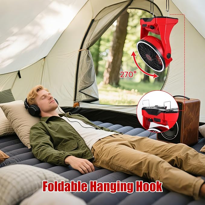 Fan Compatible with Milwaukee M18 Battery Portable Jobsite Camping Fan with Infinite Speed Control USB-C and USB Charging, Hook, Handle 270° Tilt 4.5H Max Runtime for Outdoor Use Battery Not Included