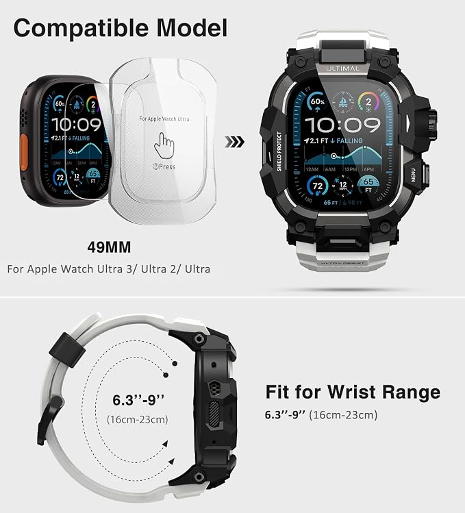 ULTIMAL Rugged Case with Band for Apple Watch 49mm,Compatible with Apple Watch Ultra 3/2/1, Military Grade Shockproof Bumper Cover for iWatch Tactical Band Men (49mm,White)