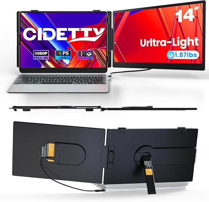 CIDETTY Laptop Screen Extender 0.27" Ultra-Thin, 14" Dual Portable Monitor FHD 1080P IPS, USB-C/HDMI Plug & Play Travel Screen for 13-17" Laptops, Compatible with Wins/Mac/Chrome/Switch/Android