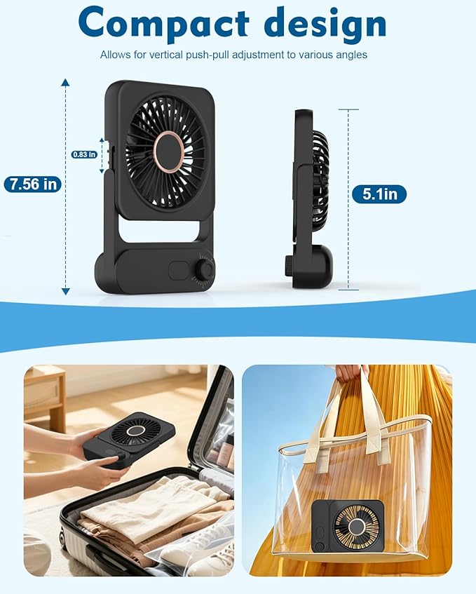 Magnetic Cruise Desk Mini Fan, 4000mAh Ultra-Slim Travel Fan Rechargeable, 0-100 Speeds, 150° Adjustable Portable Fan for Ship Cabin, Bedroom Sleeping, Camping, Travel & Cruise Essentials 2026, Black