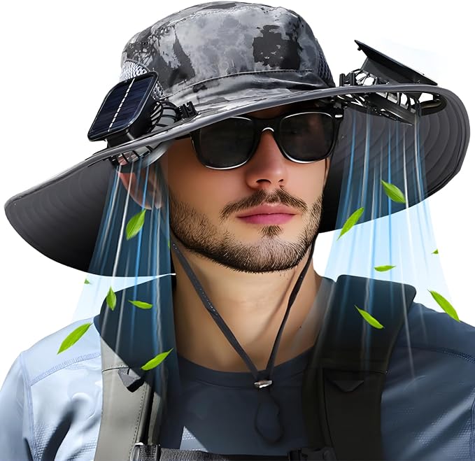 Solar Fan Hat, Wide Brim Sun Hat with 2 Built-in Solar Fans, UPF 50+ Sun Protection Outdoor Fishing Hiking Camping Beach