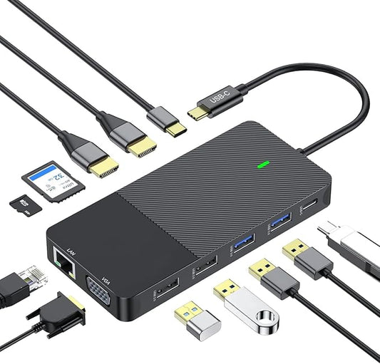 12-in-1 USB C Docking Station with Dual 4K HDMI, VGA, Gigabit Ethernet, 100W PD Charging, 4 USB Ports, SD/TF Card Reader for MacBook/Windows/Laptop