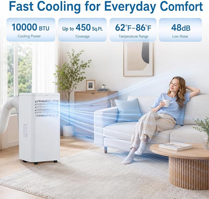 Portable Air Conditioners, Air Conditioners 10,000 BTU 4-in-1 Quiet AC Unit with Cool, Fan, Dehumidifier, Sleep Modes, Standing AC Unit Cools Room up to 450 Sq.Ft, Exhaust Hose & Window Kit
