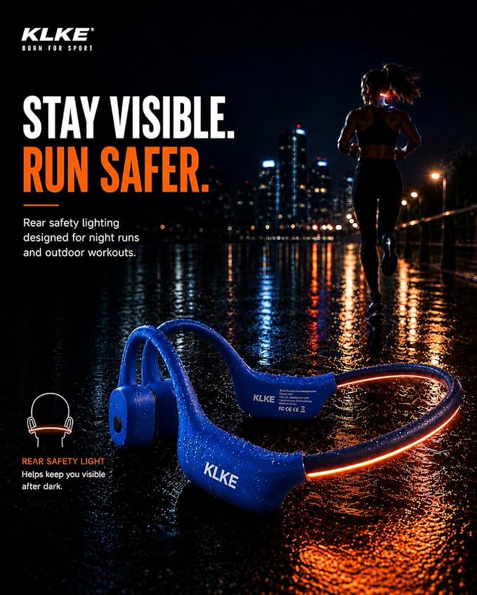 Open-Ear Bone Conduction Headphones for Running, Bluetooth Sports Headphones with Rear Safety Light, Dual Modes, Adjustable Fit, IP66 Waterproof, Mic, 10H Playtime for Gym Cycling