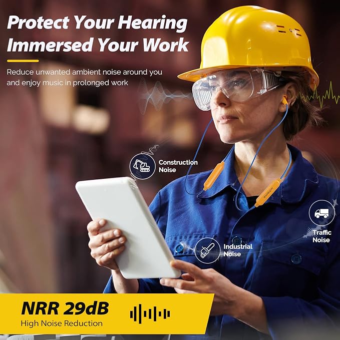 MIPEACE Bluetooth Work Earplugs Headphone,Wireless in-Ear Noise Isolating Earbuds,29dB Noise Reduction Headphone with Control,19+ Hours Battery for Lawn Mowing Safety Industrial Construction(Yellow)