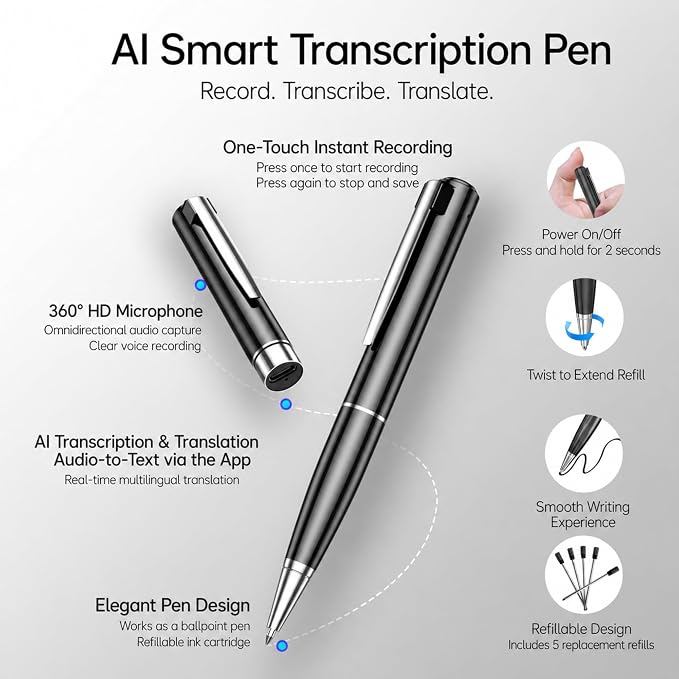 Note AI Voice Recorder Pen, AI Voice Recorder Pen with Summary & Mind Map, AI Note Taking Device with 150 Languages Transcription, Smart Meeting Recorder for Lectures, Interviews, Calls