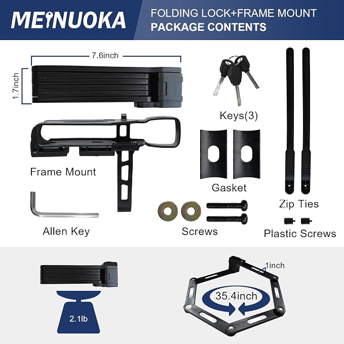 35.4 Inch Folding Bike Lock with 3 Keys and Mount Bracket Kit for Bicycles, Electric Scooters, Heavy Duty Anti-Theft, Anti-Cut, Anti-Pry Bicycle Lock