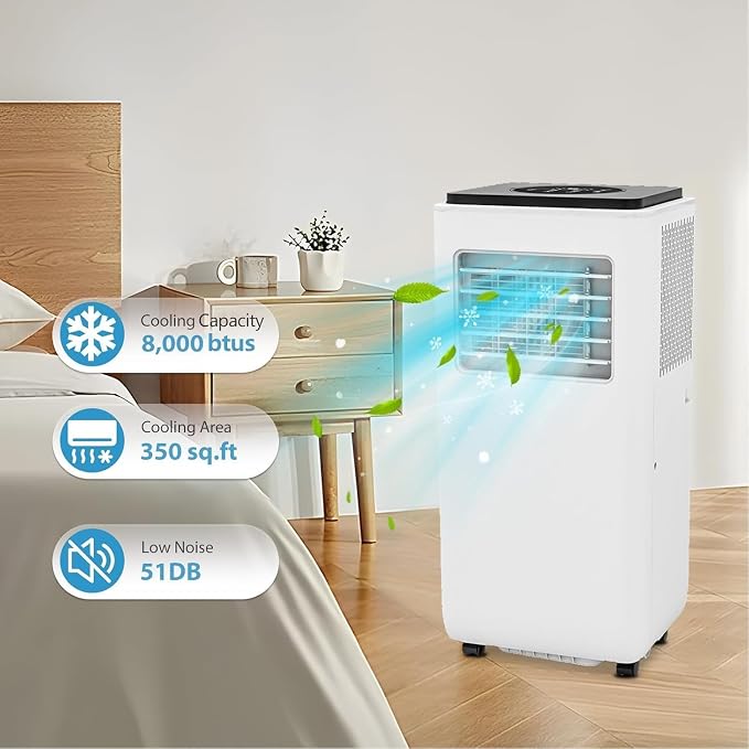 8000 BTU Portable Air Conditioners, 3-in-1 Portable AC Unit with Remote Control, Cool, Dehumidifier & Fan Modes for Rooms up to 350 sq.ft, Sleep Mode, 24-Hour Timer & Window Kit