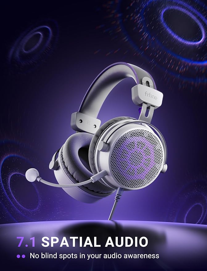 FIFINE Open Back Gaming Headset with 7.1 Surround Sound - Dual Wired USB/3.5mm Connection - USB Control Box - Detachable Mic, Over Ear Headphone for PC, PS4/5, Xbox, Switch, Mobile - H18V Lite WP