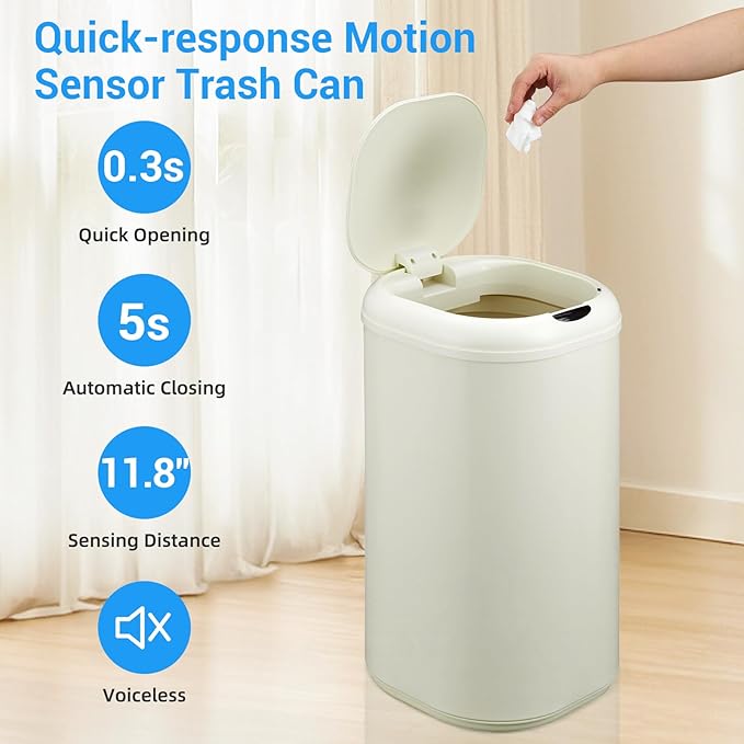 GarveeHome 8 gal Motion Sensor Trash Can with Lid, Automatic Kitchen Garbage Can Touchless, 30 L Smart Stainless Steel Waste Bin for Home Office Kitchen Bathroom, Beige