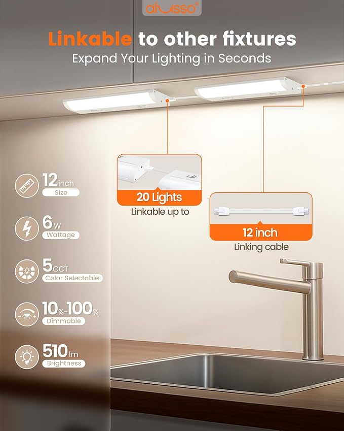 ALUSSO 12 Inch LED Under Cabinet Lighting Hardwired & Plug in 120V, 5CCT Color Selectable 2700K-5000K Dimmable 6W 510LM High Brightness, Strip Linkable Under Counter Lights for Kitchen Sink, 2 Pack
