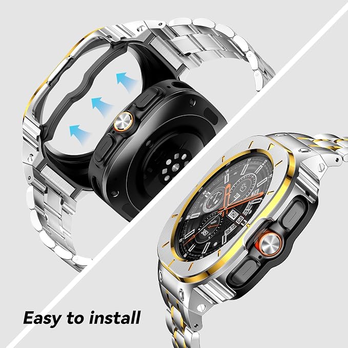 BAITEYOU Stainless Steel Bands with Case Compatible with Samsung Galaxy Watch Ultra 2/1 47mm (2025 2024), Rugged Protector Cover Metal Band for Galaxy Watch 7 8 Ultra for Men (Silver & Gold)