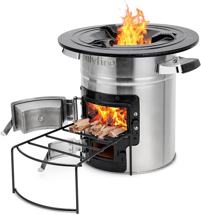 Onlyfire Stainless Steel Rocket Stove – Large Portable Wood Burning Camp Stove for Outdoor Cooking, Survival, Backyard, Patio – High Efficiency, Low Smoke, Supports Dutch Oven, 12.7x12.7x11.4 in