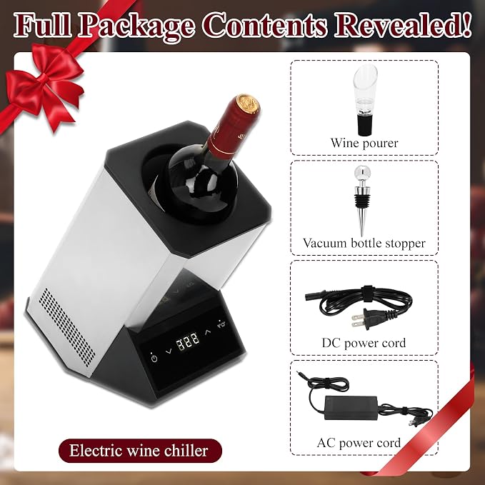 Electric Wine Chiller Single Bottle - 24H Iceless Portable Stainless Steel Wine Chiller Cooler for 750ml Wine/Champagne, Multi-Scene Vino Accessory for Kitchen/Bar/RV for Wine Lovers