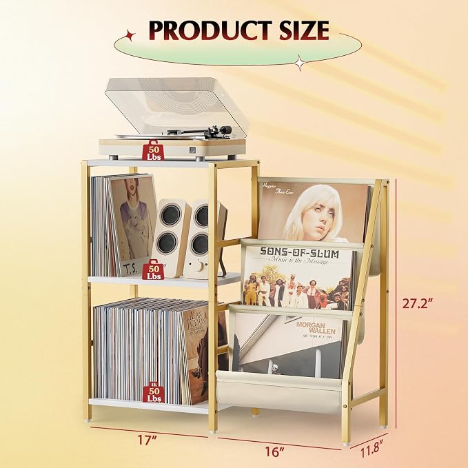 Record Player Stand, Turntable Stand with 3-Tier Vinyl Record Storage, Record Player Table 200 Albums, End Table with Vinyl Display Holder Shelf, Record Player Cabinet Media Console for Stereo,Gold