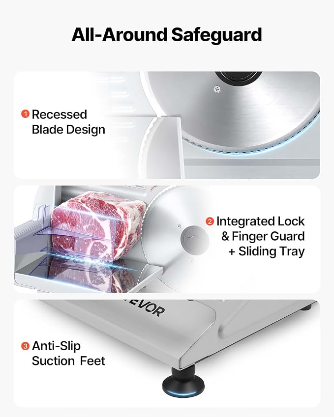 VEVOR Meat Slicer, 7.5" Electric Deli Slicer with 2 SUS420 Blades & 0-0.6" Adjustable Thickness, 200W Home Food-Slicer for Frozen Meat, Ham, Baguett, Steak, UL Approved