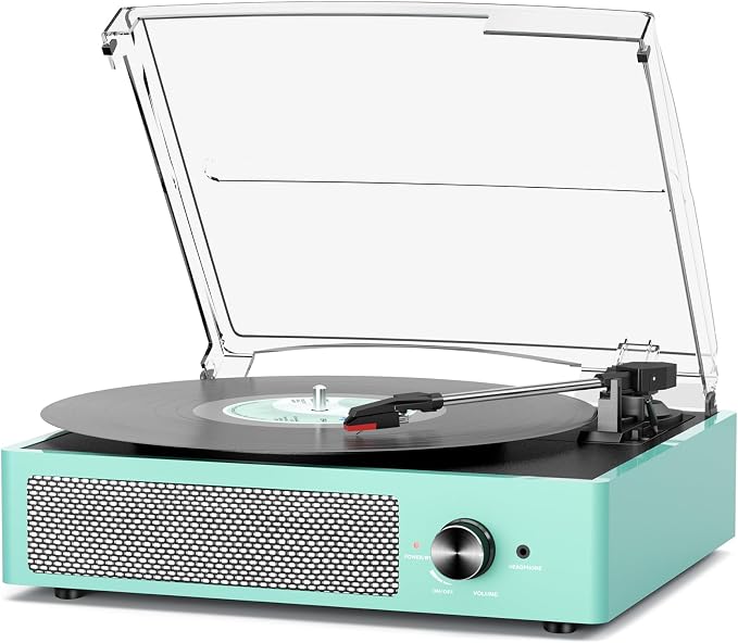 Record Player for Vinyl with 2 Build-in Speakers LP Vinyl Players Belt-Driven Vintage Turntables 3 Speed 3 Size, Wireless Bluetooth Playback, AUX-in, RCA Out, Headphone, Auto Stop,Water Blue