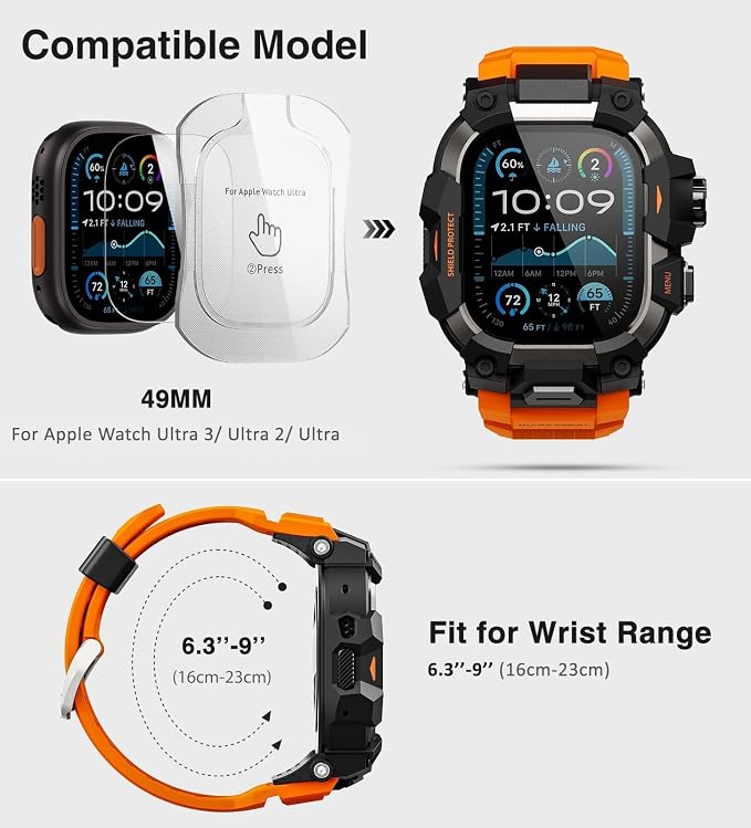 ULTIMAL Rugged Case with Band for Apple Watch 49mm,Compatible with Apple Watch Ultra 3/2/1, Military Grade Shockproof Bumper Cover for iWatch Tactical Band Men (49mm,Orange)