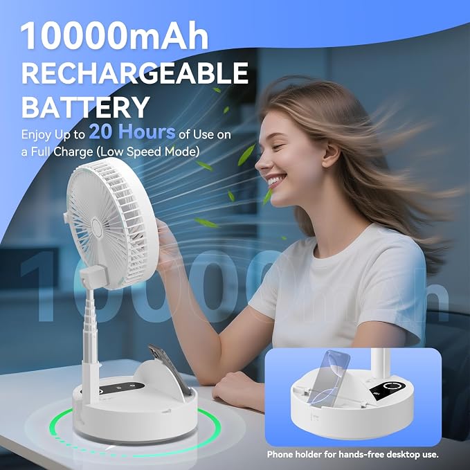 9.5" Portable Standing Oscillating Fan with Remote - 10000mAh Rechargeable Battery Tall Floor Foldable Travel Fan for Sleeping - Pedestal Stand up Folding Fan for Home Bedroom (White)