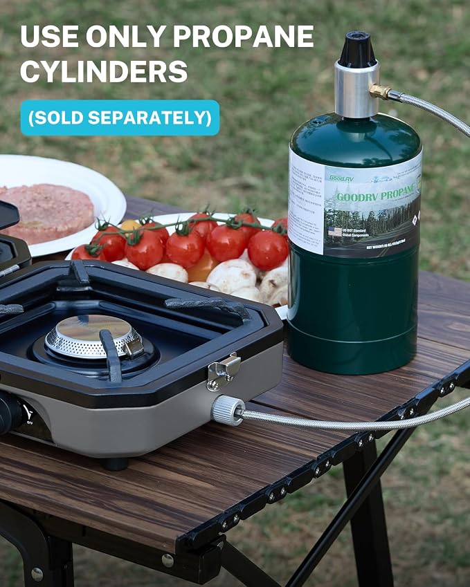 Gonex 2 Burner Propane Camping Stove with Griddle & Grates, Portable Foldable Cooking Stove with Total 16,000 BTU, Two Piezo Ignition Adjustable Burners for Camping, Patio, Emergency, Hiking (Grey)