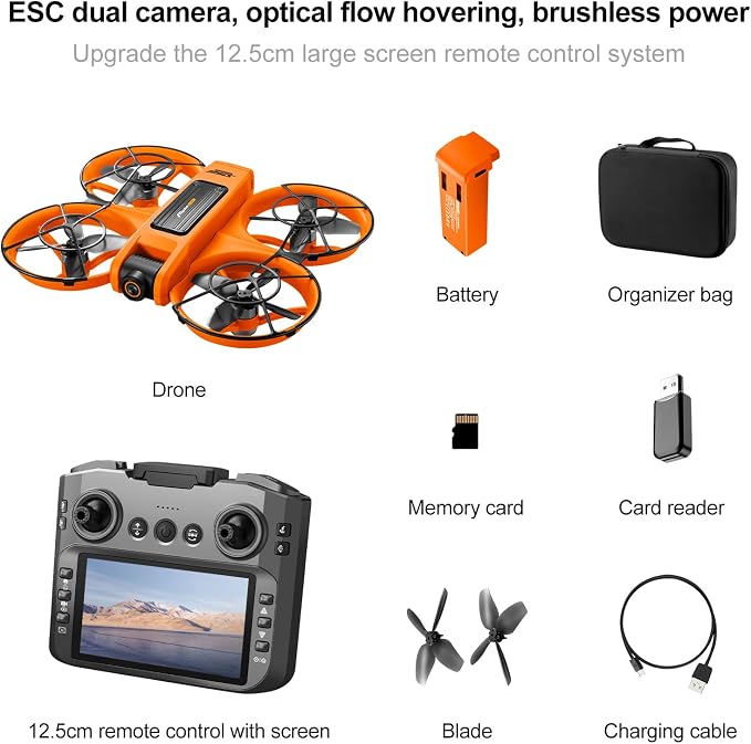 RC Drone with HD Dual Camera for Adults, FPV Drones with HD Screen on Controller, Brushless Motor Optical Flow Positioning Headless Mode Gesture Photo Remote Control Quadcopter, Beginner-Friendly Aerial Photography Drones with 2 Batteries & Night Light...