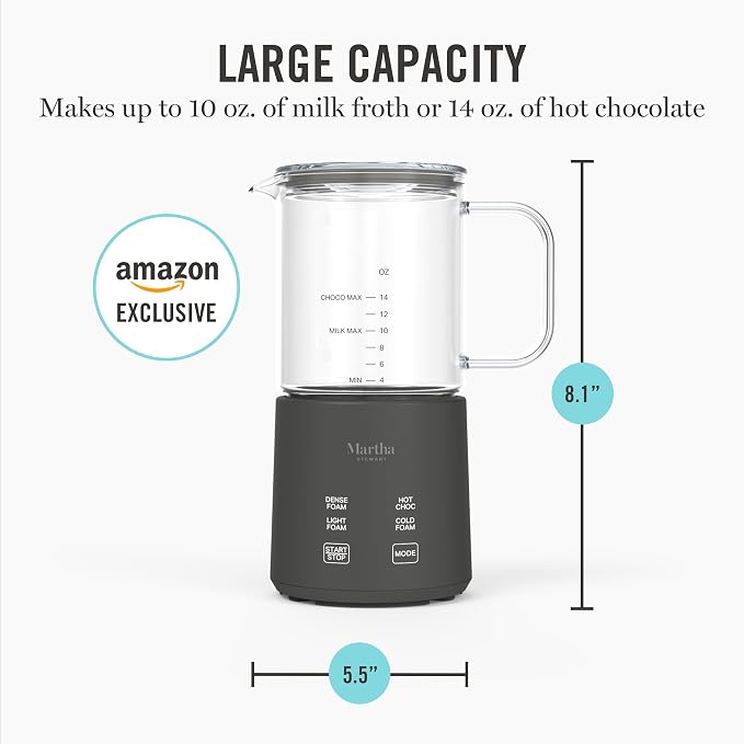 Martha Stewart Milk Frother and Steamer, 10oz/300ml Glass Cup, 4 Presets (Cold Foam, Light, Dense & Hot Chocolate), Ready in 90 Seconds, Cordless Pouring, One-Touch for Hot and Cold Milk, Caviar Gray