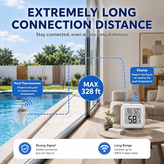 Digital Pool Thermometer with Hub, Remote Checking Easy Read Digital Floating Water Thermometer for Hot Tub, Ice Bath Swimming Pool, Spa and Fish Bowl, Gateway