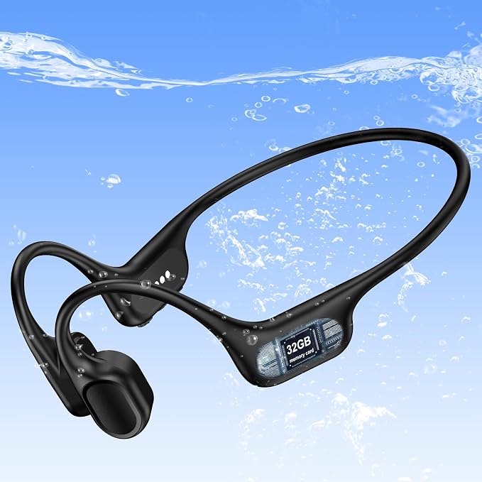 IP68 Waterproof Swimming Headphones, Bone Conduction Bluetooth 6.0 Headphones, Built-in 32GB MP3 Player, Soft Lightweight Open-Ear Design for Swimming Marathons Showers Cycling(Black