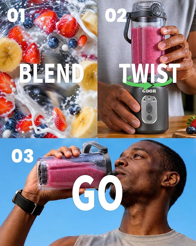 GDOR Portable Smoothie Blender, Twist & Go, Mini Blender Shakes and Smoothies,3 Auto Programs, Ice Crush,2x23 oz, Cordless, Dishwasher Safe, BPA-Free