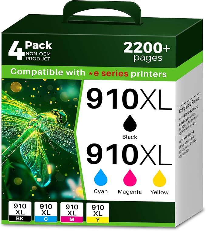 Q-image 910XL 8015e 8025e 910 Ink Cartridges Replacement for HP 910XL Ink Cartridges Combo Pack Work with OfficeJet 8015e 8022e OfficeJet Pro 8025e 8028e 8035e (Black, Cyan, Magenta, Yellow, 4 Packs)