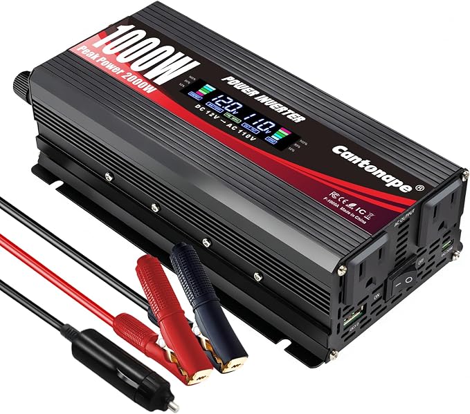 Cantonape 1000W Car Power Inverter DC 12V to 110V/120V AC Converter with LCD Display 2 AC Outlets, 3.0A USB and Type-C Car Inverter for RV Camping Laptop Truck Vehicle