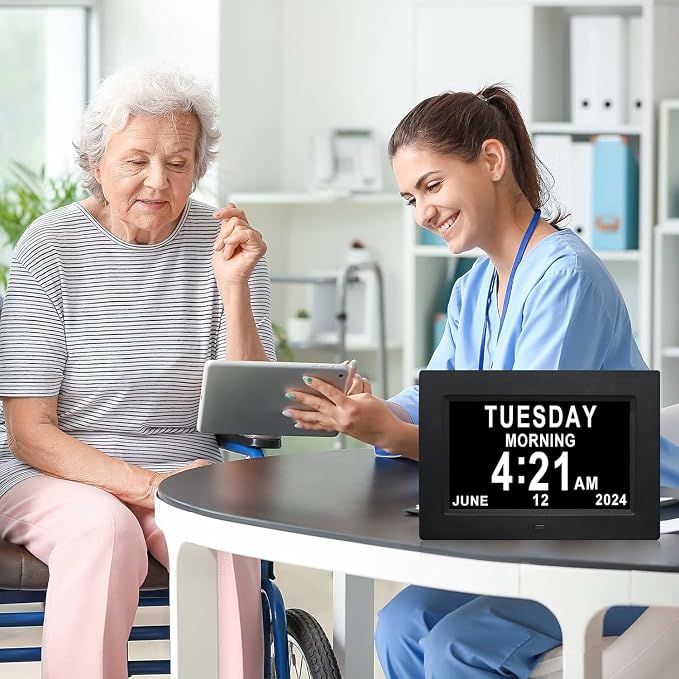 TMC 7 Inch Digital Clock with Day and Date for Elderly - 12 Alarm Options, Auto-Dim, Age Seniors,Elderly, Alzheimer