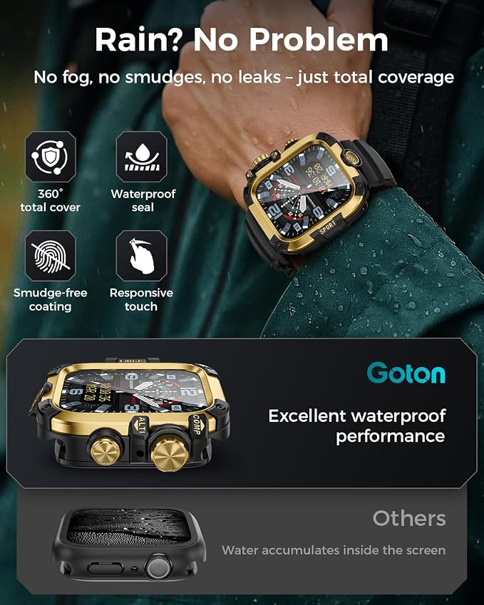 Goton Rugged Case and Band Kit with Screen Protector for Apple Watch 44mm, Compatible with Apple Watch SE 3/2/1 Series 6/5/4, Full Body Shockproof Metal+PC Bumper Cover with Soft Band, 44mm Gold