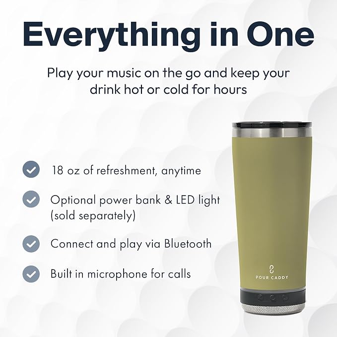 Vibe 18 oz Tumbler with Bluetooth Speaker, Insulated Stainless Steel Travel Cup with Lid, Hot & Cold Drink Termos, Removable Speaker with Microphone, Rubber Base, Sandstone