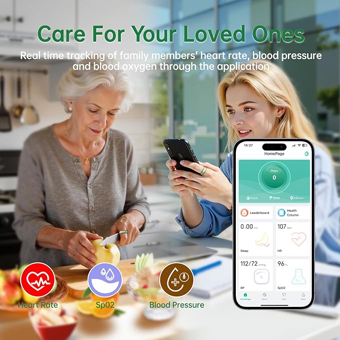 Smart Ring for Women & Men, Health Tracker Ring with Heart Rate, SpO2, Blood Pressure,Temperature, HRV & Stress, IP68 Waterproof Fitness Ring, Sleep Tracker for iPhone & Android, No App Fee(Green, 7#)