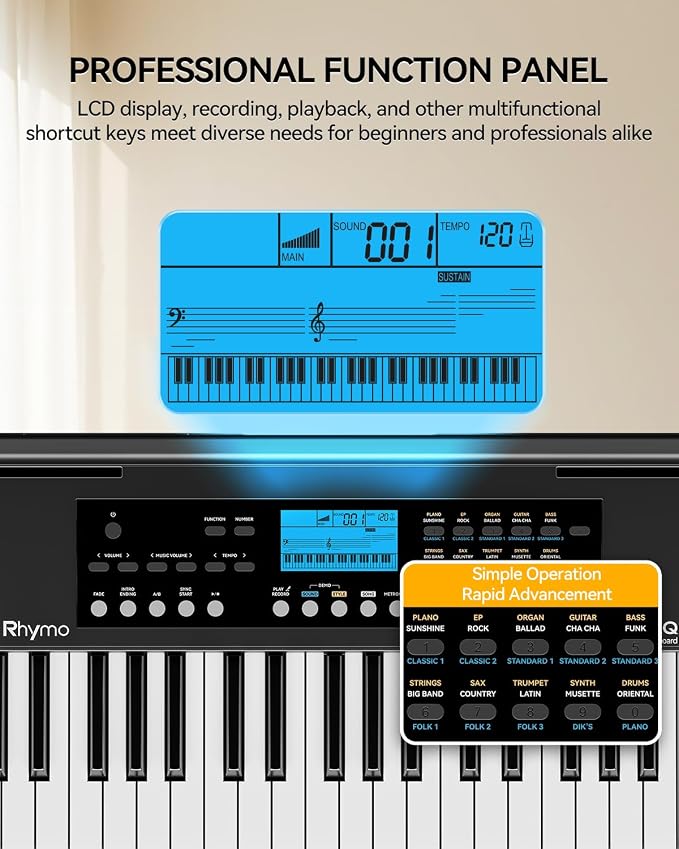 Rhymo 61 Key Electronic Piano Keyboard for Beginners with 450 Tones, 120 Demo, 150 Rhythms, Touch-Sensitive Full Size Portable Keyboard Piano Includes Sheet Stand, Earbuds, Note Stickers
